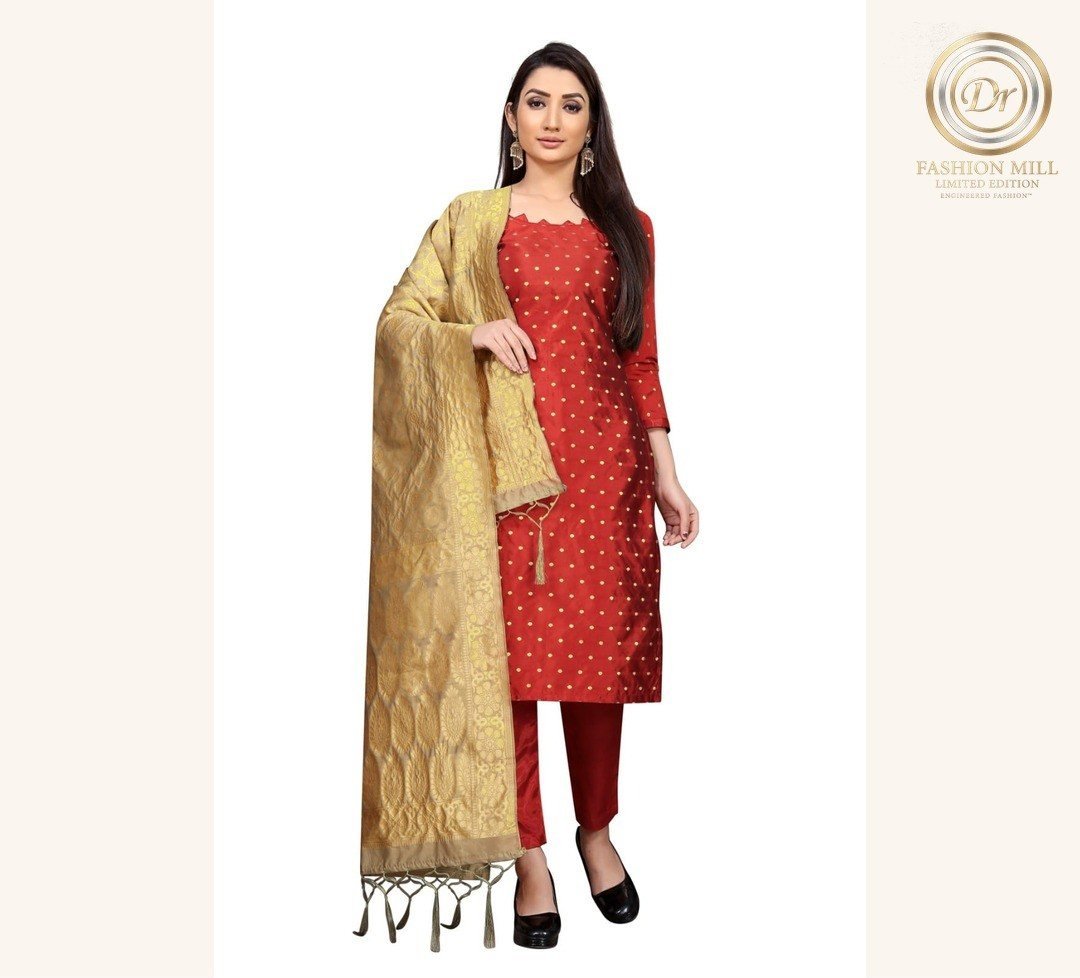 Red Banarasi Suit Set with Golden Dupatta