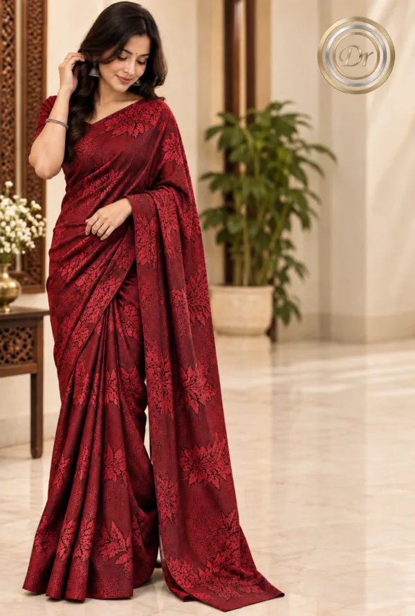 Dr Fashion Mill Tone-on-Tone Maple Leaf Print Satin Saree - photo 2