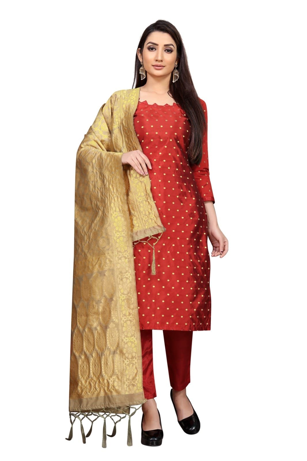 Red Banarasi Suit Set with Golden Dupatta - photo 7